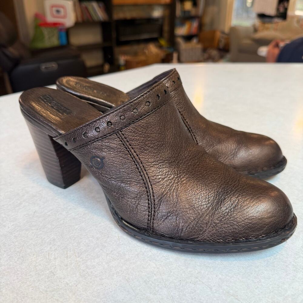 Born Lella Womens Bronze Metallic Brown Leather Clogs Heeled Mules size 9